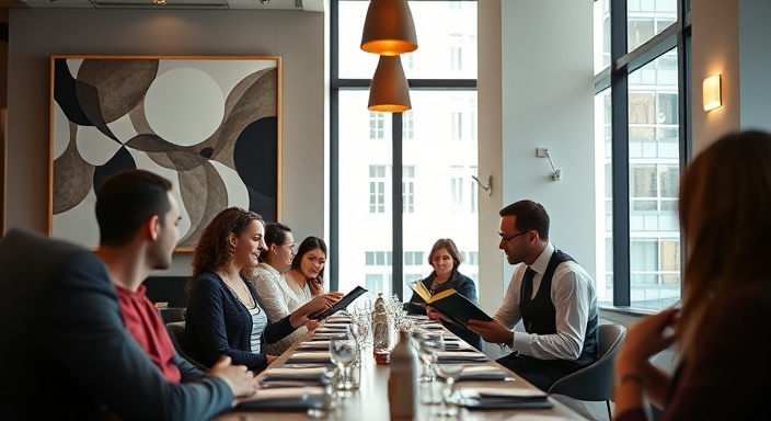 sophisticated restaurant group, engaged, interacting with menu, photorealistic, chic urban dining space with modern art, highly detailed, waitstaff attending patrons, shot with a 28mm lens, neutral color palette, bright daylight through large windows