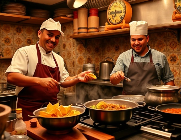 Traditional Mexican cuisine, joyful expression, chefs preparing tacos, photorealistic, cozy kitchen setting with traditional Mexican tiles, highly detailed, steaming pots and sizzling pans, HDR effect, rich earth tones, warm indoor lighting, shot with an 85mm lens.