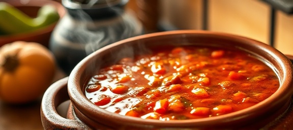 authentic mexican salsa, spicy, bubbling in a clay pot, photorealistic, set in a traditional Mexican kitchen, highly detailed, steam rising, rich red color, warm ambient light, photographed with a 35mm lens