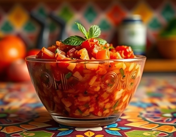 chunky mexican salsa, appealing, layered in a clear bowl, photorealistic, placed on a vibrant Mexican tile countertop, highly detailed, texture and depth, bold and vivid colors, warm kitchen lighting, photographed with an 85mm lens