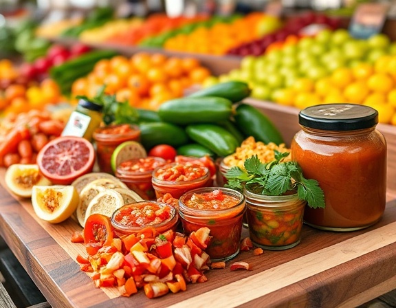 Assorted Mexican salsas, tangy and fresh, neatly arranged on an artisanal serving board, photorealistic, farmers market with abundant fresh produce displays, highly detailed, finely chopped ingredients, vibrant and contrasting colors, daylight, shot with a 50mm lens.