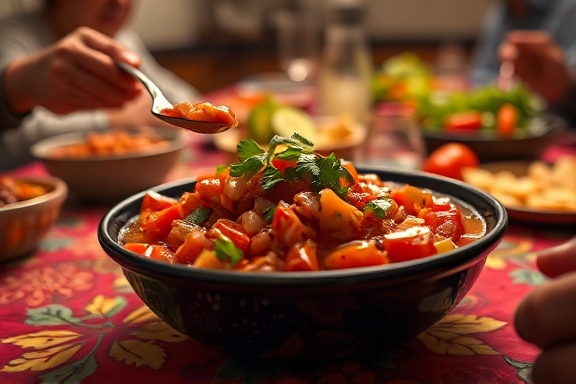 traditional salsa recipe, flavorful, being served at a family gathering, photorealistic, on a vibrant, festive tablecloth, highly detailed, lively atmosphere, colorful mix, ambient indoor lighting, captured with a 24mm lens