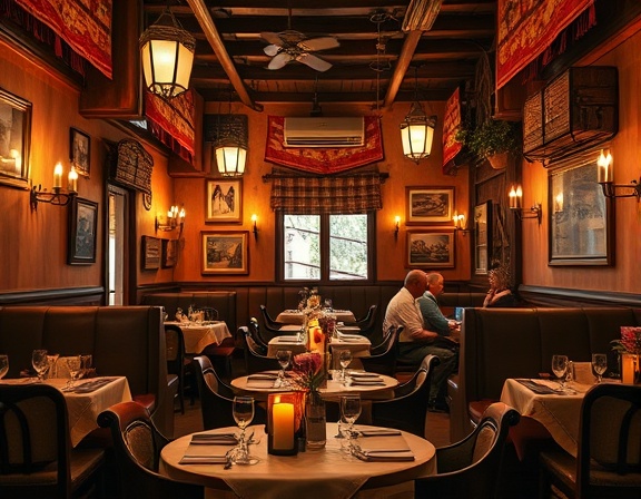 intricate Restaurant Decor, inviting, patrons dining, photorealistic, interior design with rustic wooden furniture and Mexican textiles, highly detailed, candles flickering, ISO 100, earthy tones, ambient soft lighting, shot with a 50mm lens