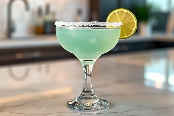 elegant margaritas glass, inviting, garnished with a salt rim, photorealistic, positioned on a sleek marble countertop, highly detailed, reflections visible on the surface, focus blur, icy blue and lime colors, soft diffused lighting, shot with a 70mm lens.