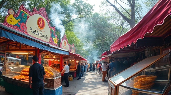 flavorful Food Festival, bustling, vendors serving street food, photorealistic, open-air market with booths decorated in cultural motifs, highly detailed, smoke from grilled corn, HDR image, vibrant and saturated, sunlight filtering through trees, shot with a fisheye lens
