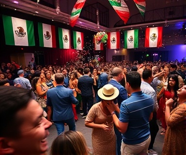 lively Event Celebration, joyous, guests dancing, photorealistic, spacious hall decorated with Mexican flags and piñatas, highly detailed, confetti floating in the air, 1/60s shutter speed, multicolored, spotlight illumination, shot with a telephoto lens