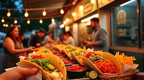spicy tacos, excitement, being served, photorealistic, bustling taco stand with string lights and patrons, highly detailed, colorful ingredients arrayed, crisp and defined textures, bold colors, ambient evening glow, shot with a 70-200mm lens.