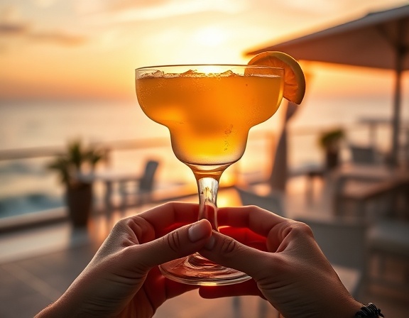 classic margaritas glass, serene, resting in a pair of hands, photorealistic, set against a sunset backdrop by a seaside terrace, highly detailed, subtle mist emanating, long exposure, warm orange and pink hues, golden hour lighting, shot with a 35mm lens.