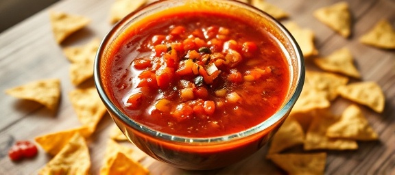 spicy salsa, dynamic, being stirred in a bowl, photorealistic, on a table with tortilla chips scattered, highly detailed, splash and movement of ingredients, fiery reds and oranges, soft afternoon sunlight, shot with a wide-angle lens
