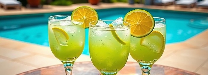 chilled margaritas refreshing, exhilarating, with ice cubes clinking, photorealistic, placed on an outdoor patio beside a swimming pool, highly detailed, sunlit shimmer, high frame rate, aqua and lime green shades, dappled sunlight, shot with a 24mm wide-angle lens.