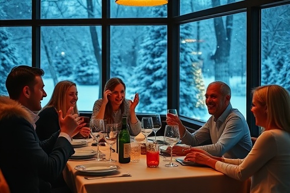 elegant group dining, cheerful, sharing stories, photorealistic, wintry-themed restaurant with scenic window views, highly detailed, snow gently falling outside window, shot with a 24mm lens, cool hues, evening illumination with fairy lights