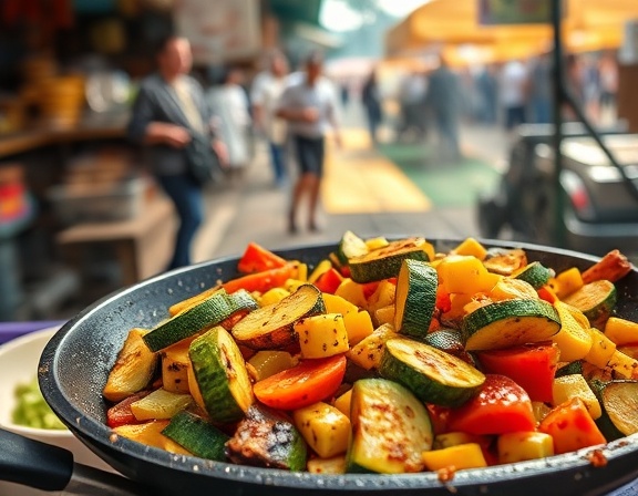 Hearty Vegetarian Fajitas, sizzling on a hot skillet, filled with grilled zucchini and corn, photorealistic, bustling outdoor market scene, highly detailed, misty plumes of steam rising into the air, earthy hues, midday bright sunlight, shot with a wide-angle lens.