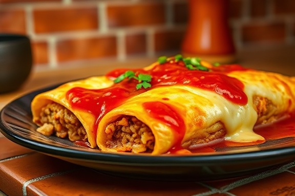 Delicious Vegetarian Enchiladas, oozing with melted cheese and topped with a bright red enchilada sauce, photorealistic, rustic kitchen setting with terracotta tiles, highly detailed, steam rising gently, macro lens capturing intricate textures, warm tones, golden hour lighting, shot with a macro lens.