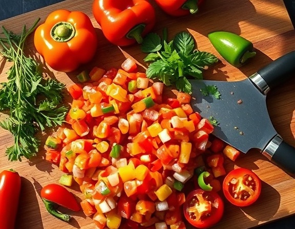 colorful salsa ingredients, inviting, being chopped on a cutting board, photorealistic, surrounded by colorful bell peppers and jalapenos, highly detailed, shadows cast by overhead light, vivid colors, diffused lighting, captured with a 50mm lens