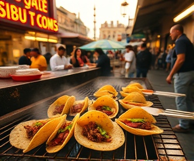 classic tacos, nostalgia, being cooked, photorealistic, open-air street market in Mexico City, highly detailed, sizzling on a large metal grill with onlookers, immersive environment, rich hues, golden hour light, shot with a 24mm wide-angle lens.