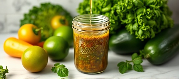 homemade salsa, enticing, pouring into a glass jar, photorealistic, surrounded by fresh vegetables on a marble countertop, highly detailed, glistening surfaces, natural green hues, soft natural lighting, taken with a 100mm lens