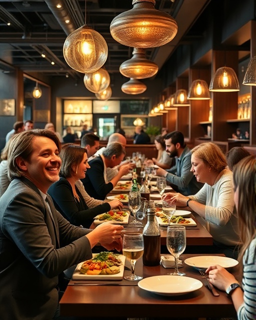 large restaurant group, smiling, enjoying a feast, photorealistic, bustling and lively dining area with modern aesthetics, highly detailed, animated conversations with servers attending tables, shot with a 35mm lens, vibrant colors, natural lighting
