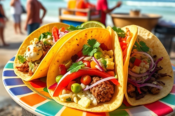 Diverse Mexican tacos, visually appealing, served on a colorful platter, photorealistic, seaside taco stand with ocean view, highly detailed, various filling textures, fresh color vibrancy, natural sunlight, shot with a 50mm lens.