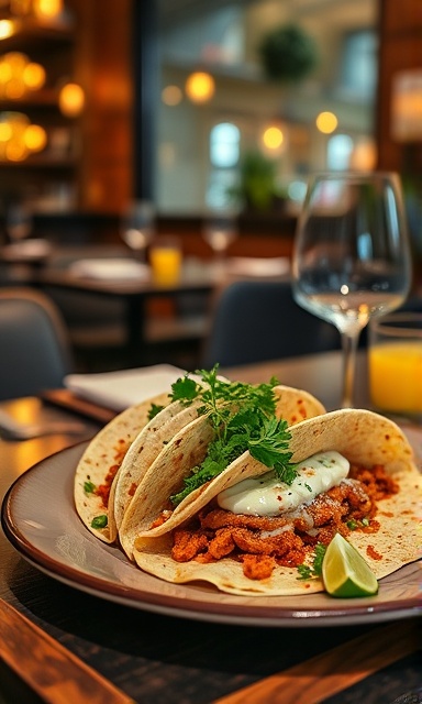 gourmet tacos, delight, plated, photorealistic, elegant dining setting with elegant glassware and wooden table in a restaurant, highly detailed, garnished with various herbs, shallow depth of field, colorful and vibrant, soft candlelight, shot with a 35mm lens.