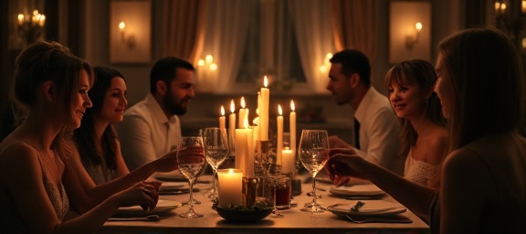 candlelit group meal setting, cozy, toasting, photorealistic, intimate and elegant ambiance with candles, highly detailed, gentle music playing in the background and soft chatter, shot with an 85mm lens, subdued tones, romantic ambient lighting