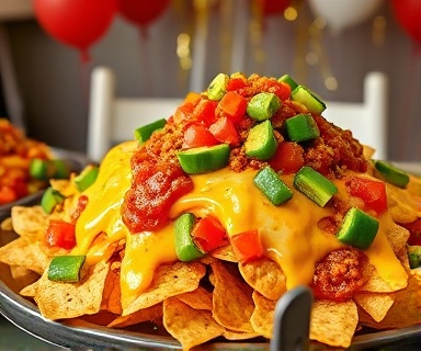 Crunchy Vegetarian Nachos, layered with bubbly cheese and jalapeños, topped with salsa and guacamole, photorealistic, festive party table with balloons and streamers, highly detailed, slight reflections on glossy surfaces, mixed shades of green and red, overhead studio lighting, shot with a 24-70mm zoom lens.
