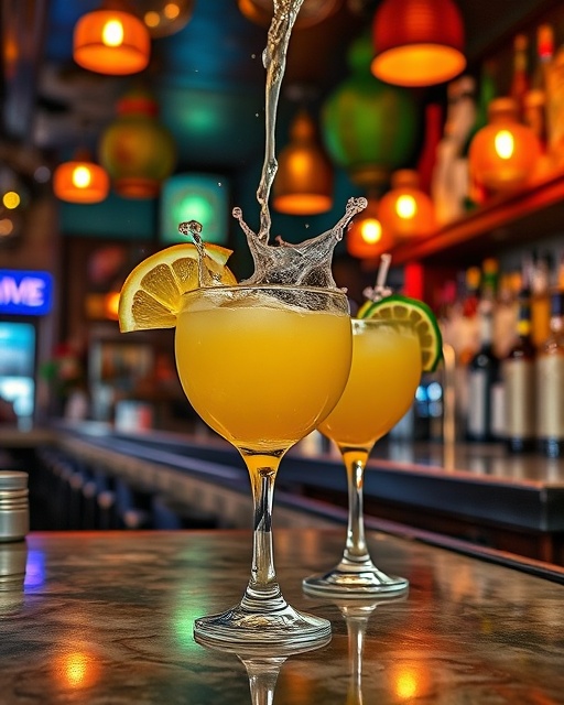 traditional margaritas cocktails, enticing, being poured into glass, photorealistic, situated at a bustling bar with vintage decor, highly detailed, splashes frozen in mid-air, fast shutter speed, bright tropical colors, indoor ambient lighting, shot with a 85mm lens.