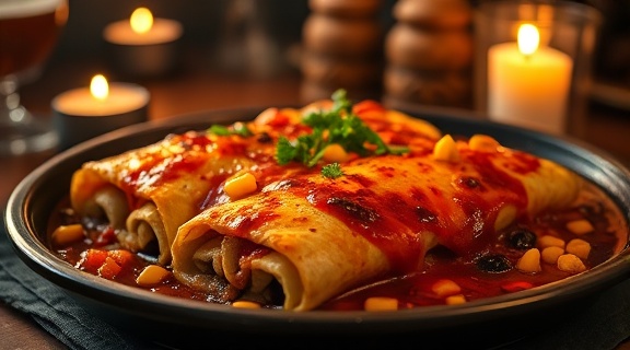 Spicy Vegetarian Enchiladas, baked to perfection with black beans and corn, photorealistic, cozy dinner setting with candlelight, highly detailed, subtle smoke wisping upward, deep reds and oranges, low key lighting, shot with a telephoto lens.