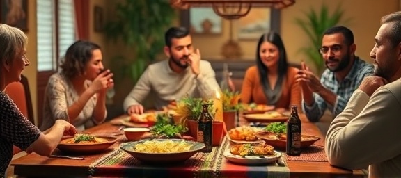 charming Mexican Cuisine, savory, family sharing a meal, photorealistic, dining table set with decorative ceramic dishes, highly detailed, aroma captured in steam, f/2.0 for depth of field, warm and inviting colors, cozy lighting, shot with a standard prime lens